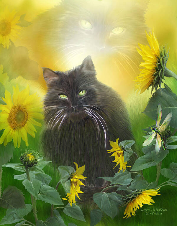 Cat Poster featuring the mixed media Kitty In The Sunflowers by Carol Cavalaris