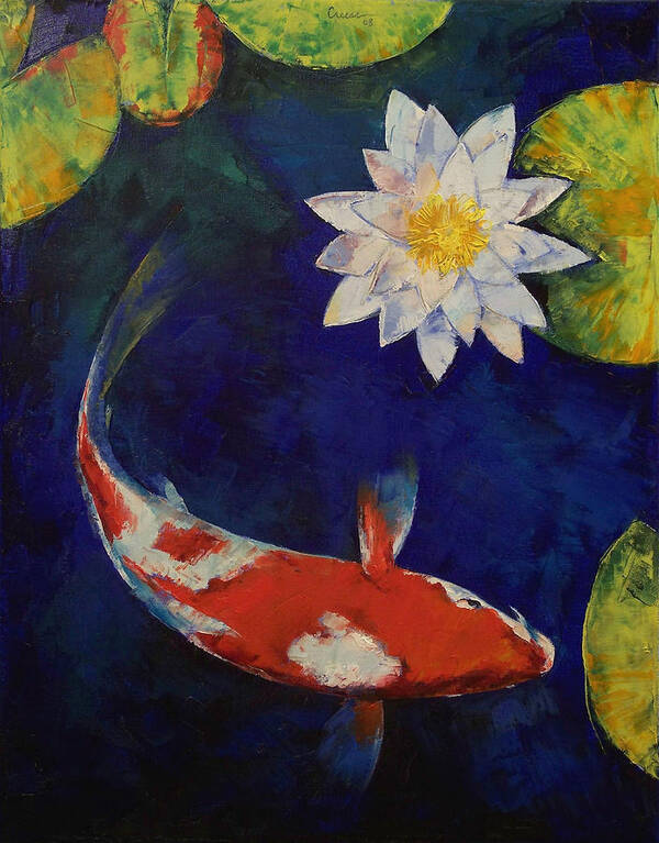 Kohaku Poster featuring the painting Kohaku Koi and Water Lily by Michael Creese