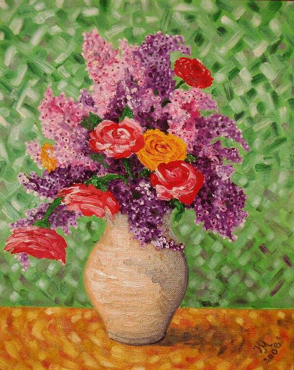 Lilac Poster featuring the painting Lilac and roses by Nina Mitkova