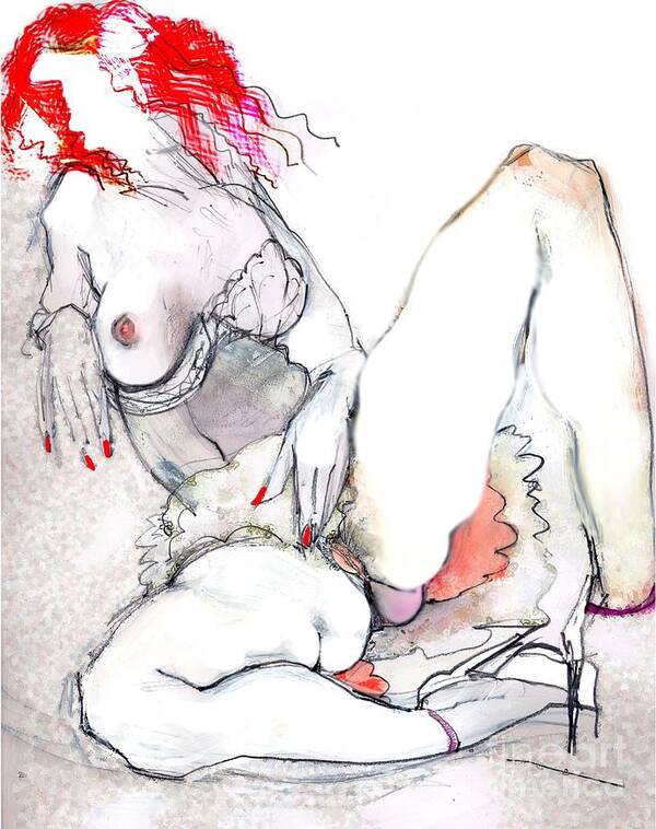 Female Nude Poster featuring the mixed media Long Night in White Shoes - erotic art by Carolyn Weltman