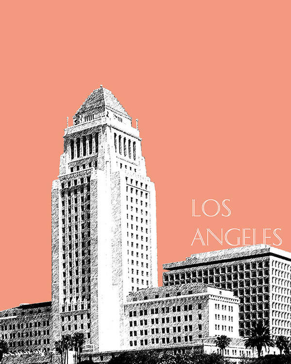 Architecture Poster featuring the digital art Los Angeles Skyline City Hall - Salmon by DB Artist