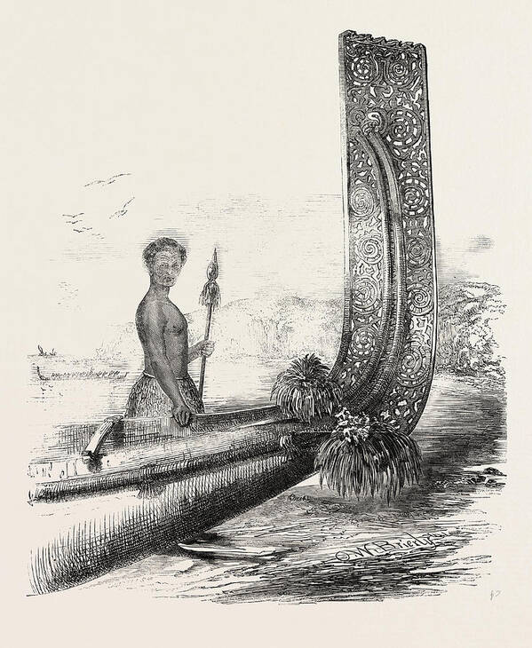 Maori Poster featuring the drawing Maori Chief, And Carved Stern Of A New Zealand Canoe by New Zealand School