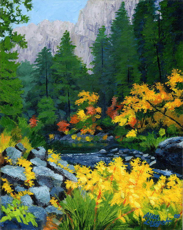 Yosemite Poster featuring the painting Merced River in Autumn by Alice Leggett