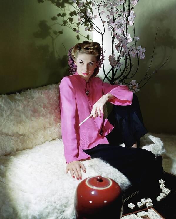 Indoors Poster featuring the photograph Model Wearing Pink Jacket by Horst P. Horst