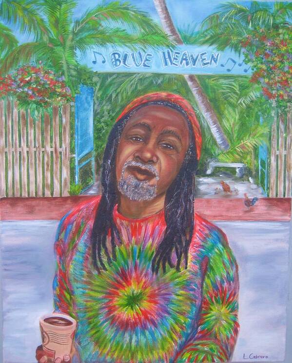 Key West Portrait Poster featuring the painting Morning Coffee at Blue Heaven by Linda Cabrera