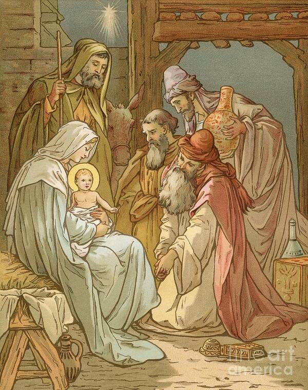 Bible; Nativity; Three Kings; Three Wise Men; Virgin Mary; Bethlehem; Star Of David; Manger; Presents; Birth; Jesus Christ; Joseph Poster featuring the painting Nativity by John Lawson