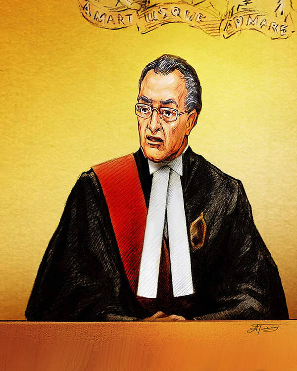 Nortel Poster featuring the painting Nortel verdict - Mr. Justice Marrocco reads non-guilty ruling by Alex Tavshunsky