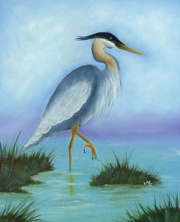 Bird Poster featuring the painting Patience Blue Heron by Mary Gaines