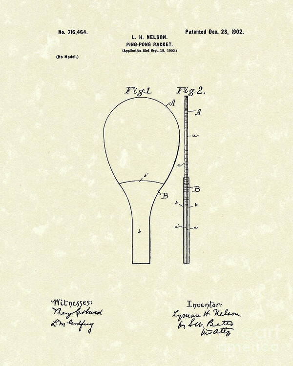 Nelson Poster featuring the drawing Ping-Pong Racket 1902 Patent Art by Prior Art Design