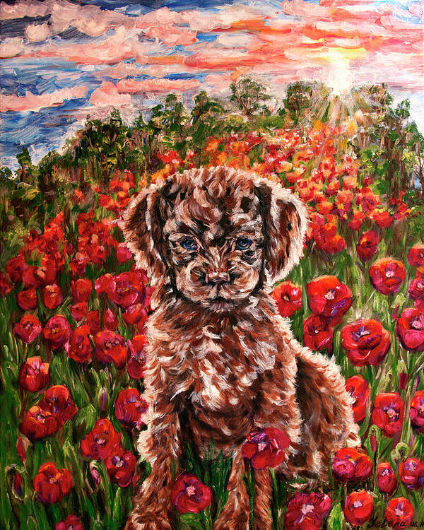 Animals Poster featuring the painting Puppy and Poppies by Yelena Rubin