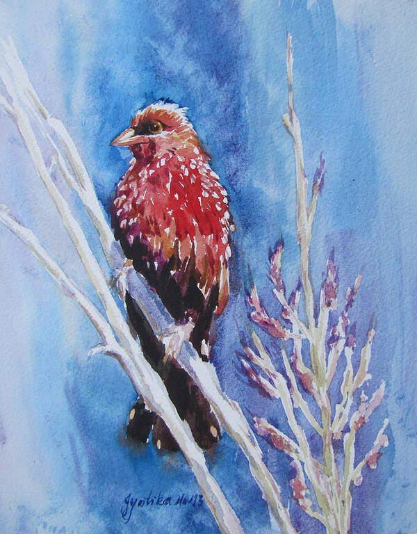 Bird Poster featuring the painting The Red Bird with pink flowers by Jyotika Shroff