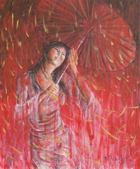 Red Poster featuring the painting Red Geisha Rain Storm by Nik Helbig