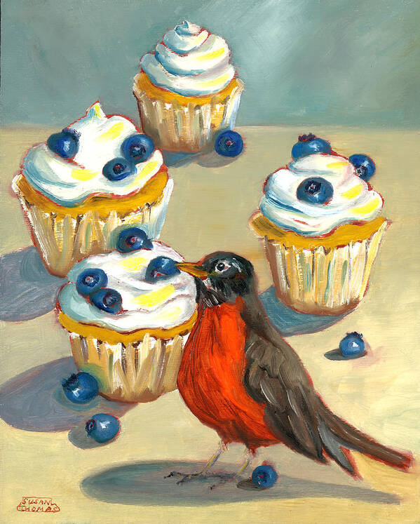 Songbird Poster featuring the painting Robin with Blueberry Cupcakes by Susan Thomas