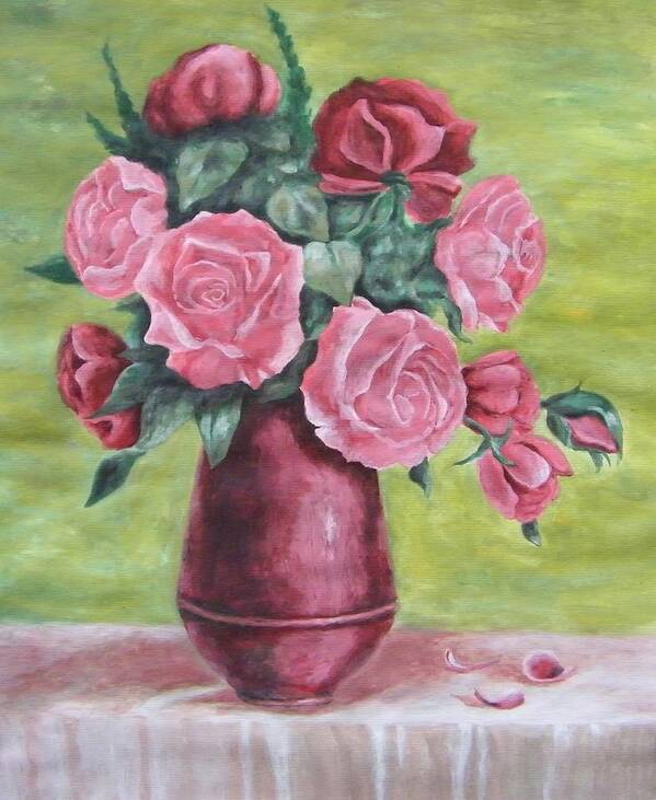 Roses Vase Acryl Flower Pink Poster featuring the painting Roses in vase by Vlatka Kelc