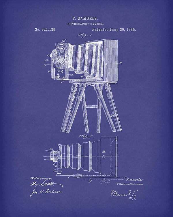 Samuels Poster featuring the drawing Samuels Photographic Camera 1885 Patent Art Blue by Prior Art Design