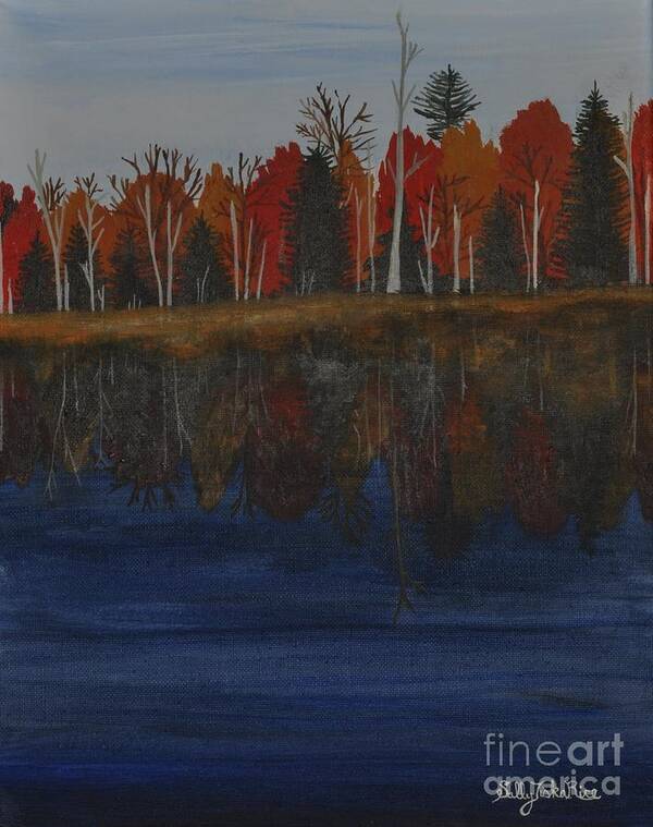 Fall Trees Poster featuring the painting Sanctuary Pond by Sally Tiska Rice