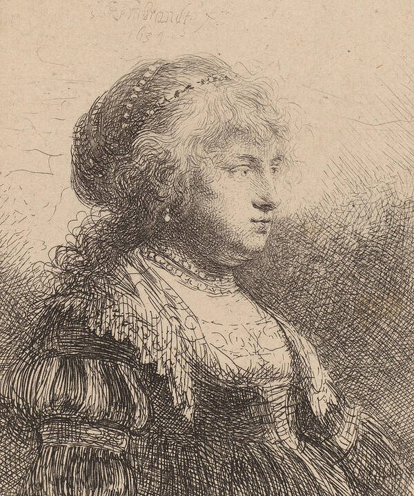 Rembrandt Poster featuring the drawing Saskia with Pearls in Her Hair by Rembrandt