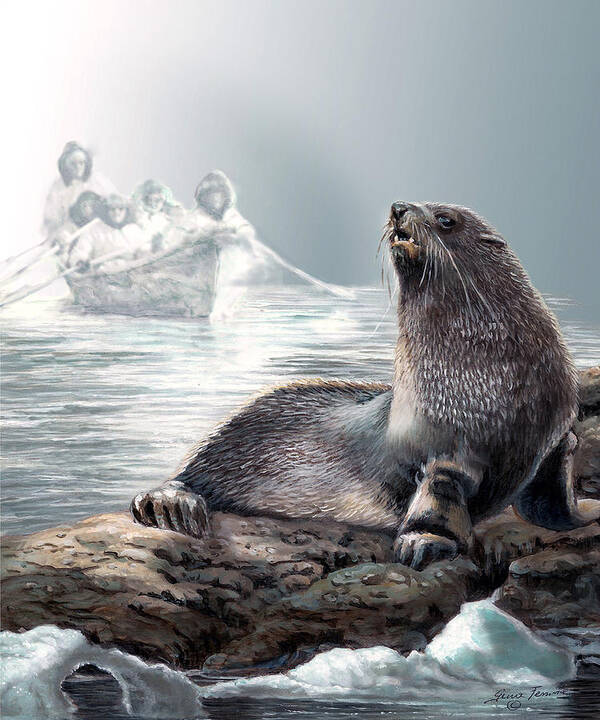 Painting By Gina Femrite Poster featuring the painting Harp seal and native hunters by Regina Femrite