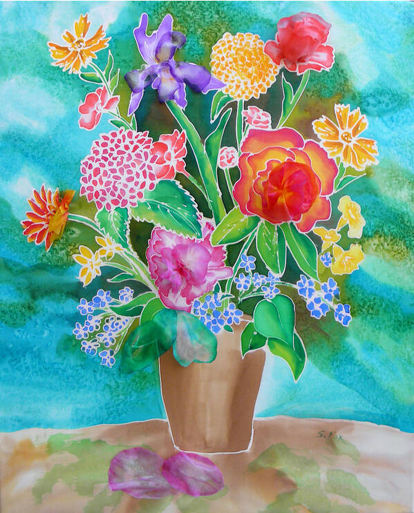 Silk Painting Poster featuring the painting Silk Teal Bouquet by Sandra Fox