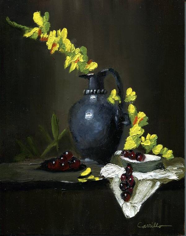 Colorful Yellow Snappy Dragons Dancing Around A Mysterious Blue Black Vase And Garnished With Vivid Red Grapes On Linen. Poster featuring the painting Snappy Dragons by Ruben Carrillo