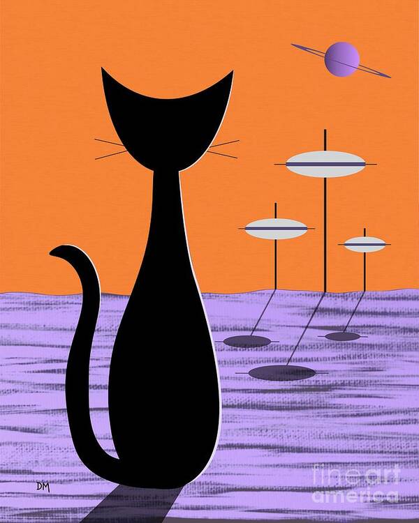 Mid Century Modern Poster featuring the digital art Space Cat Orange Sky by Donna Mibus