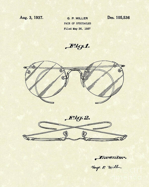 Miller Poster featuring the drawing Spectacles 1937 Patent Art by Prior Art Design