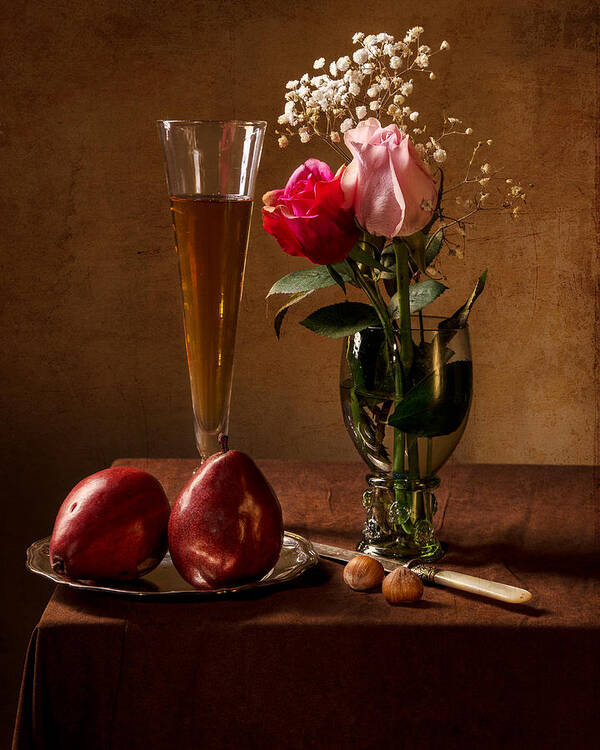Ontbijt Poster featuring the photograph Still Life with Roses in Small Roemer and Two Red Pears by Levin Rodriguez