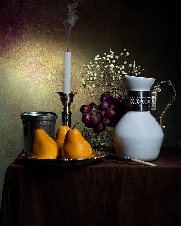 Ontbijt Poster featuring the photograph Still Life with White Jar-Yellow Pears-Snuffed Candle and Goblet by Levin Rodriguez