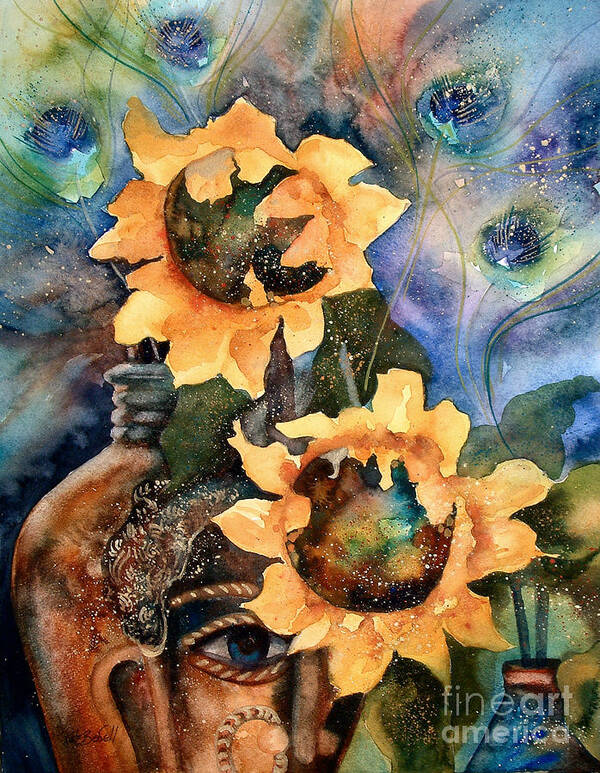Kate Bedell Poster featuring the painting Sunflowers and Peacock Feathers by Kate Bedell