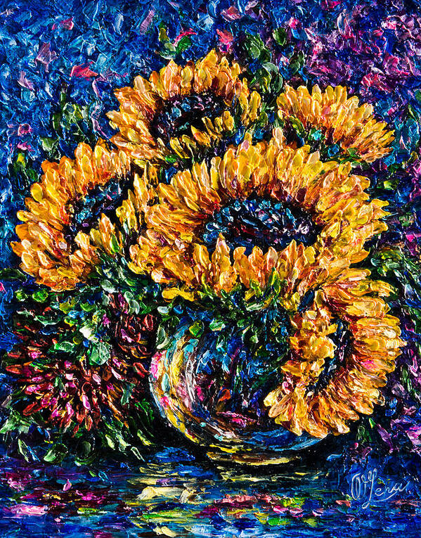 Original Impasto Art Poster featuring the painting Sunflowers Bouquet in Vase by Lena Owens - OLena Art Vibrant Palette Knife and Graphic Design