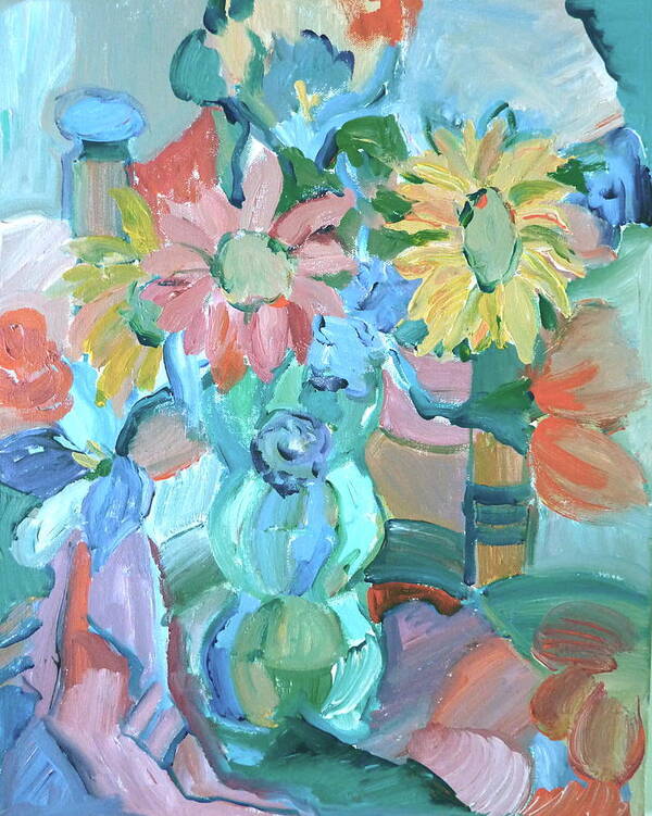 Abstract Poster featuring the painting Sunflowers in blue vase by Brenda Ruark
