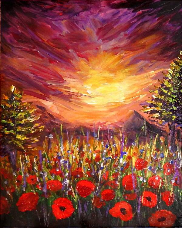 Original Art Poster featuring the painting Sunset in Poppy Valley by Lilia S