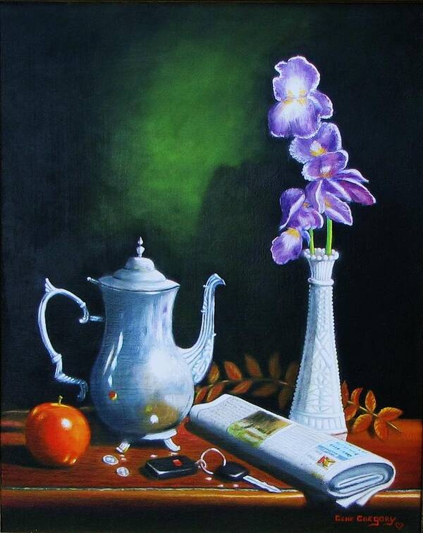 Tea Pot Poster featuring the painting Tea pot with iris by Gene Gregory