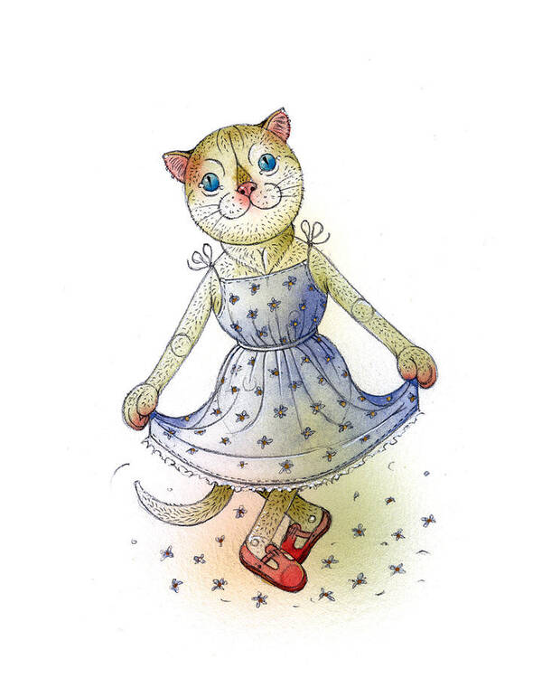 Cat Greeting Card Blue Flowers Poster featuring the painting The Dream Cat 03 by Kestutis Kasparavicius