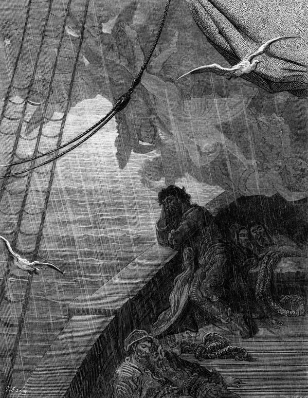 Raining; Sailors; Sailor; Vessel; Ship; Sea; Dore Poster featuring the drawing The rain begins to fall by Gustave Dore