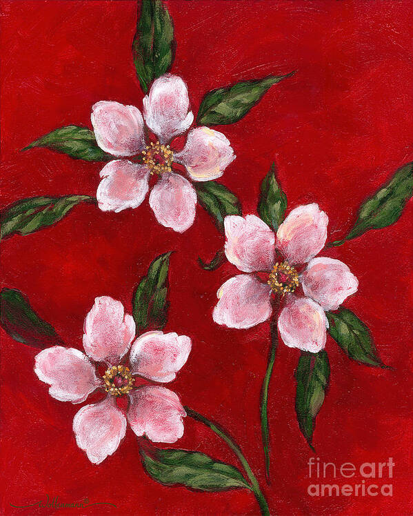 Red Poster featuring the painting Three Blossoms on Red by Randy Wollenmann