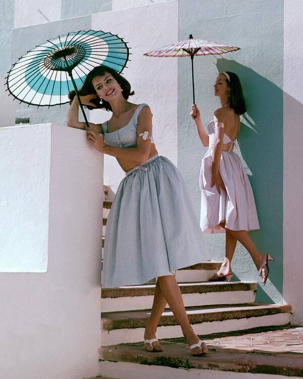 Fashion Poster featuring the photograph Two Models Posing With Parasols by Frances Mclaughlin-Gill