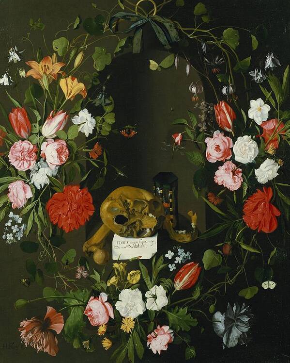 Skull Poster featuring the photograph Vanitas Still Life With Flowers by J.H. Elers