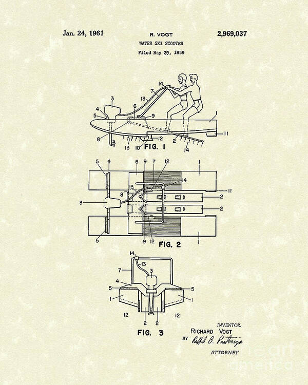 Vogt Poster featuring the drawing Water Scooter 1961 Patent Art by Prior Art Design