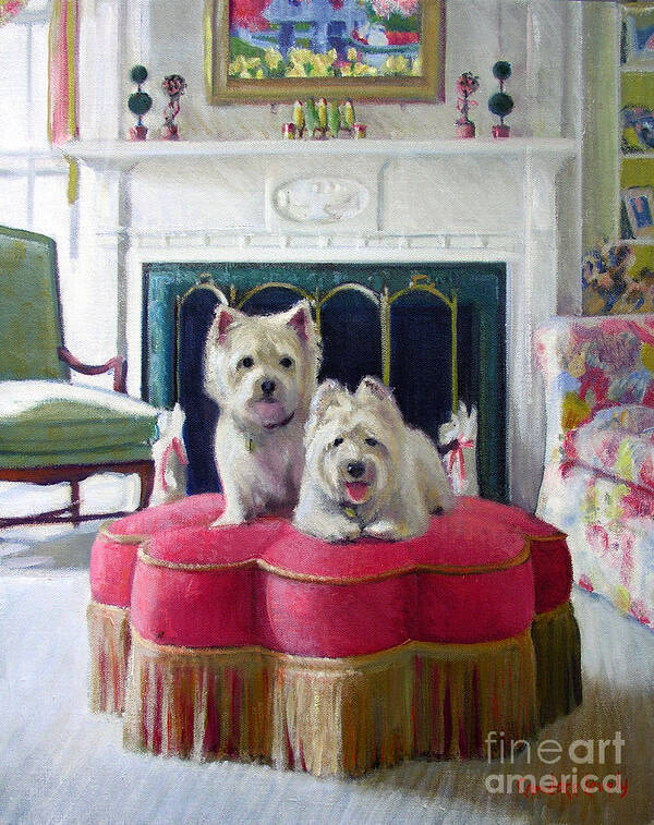 Dogs Poster featuring the painting Westies in the Living Room by Candace Lovely