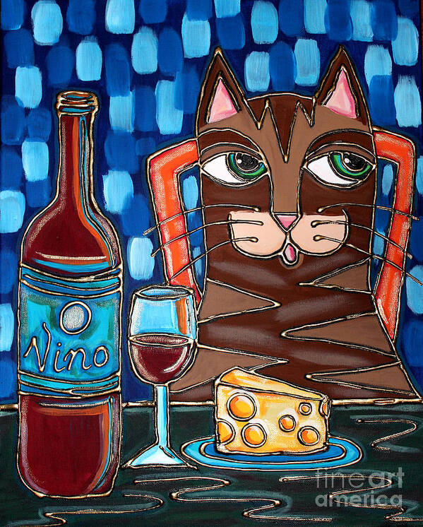 Wine Poster featuring the painting Wine and Cheese Cat by Cynthia Snyder