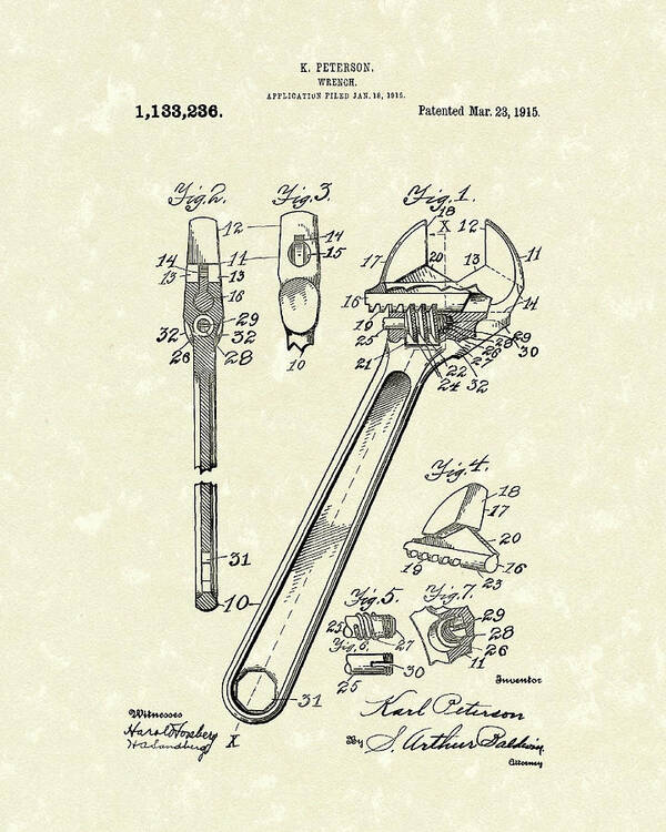 Peterson Poster featuring the drawing Wrench 1915 Patent Art by Prior Art Design