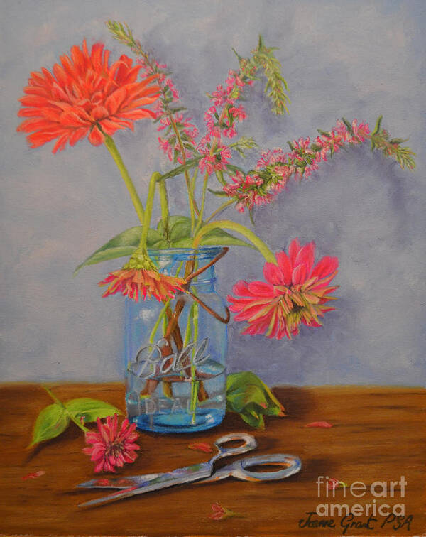 Zinnia Poster featuring the painting Zinnias from the Garden by Joanne Grant