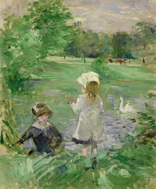 Au Bord Du Lac; Bank; Mother; Child; Young Girl; Female; Impressionist; Park; Swan; Landscape; Inv. 6028; Horse; Dress; Dresses; Hat; Hats; Green; Grass; Tree; Trees; Bush; Bushes; Animals; Lake; Water Poster featuring the painting Beside a Lake by Berthe Morisot