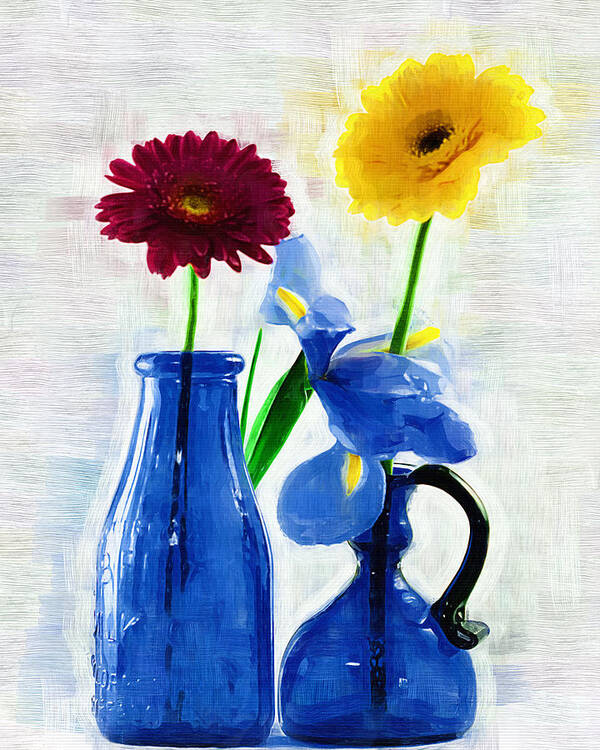 Cobalt Poster featuring the photograph Cobalt Blue Glass Bottles and Gerbera Daisies by Kathy Clark