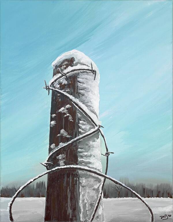 Winter Poster featuring the painting Fence Post in Winter Field by David Junod