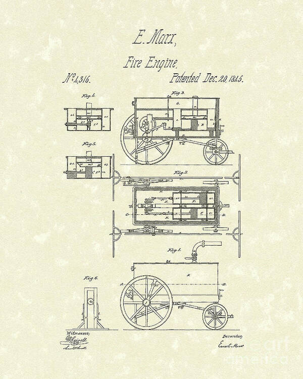 E. Marr Poster featuring the drawing Fire Engine 1845 Patent Art by Prior Art Design