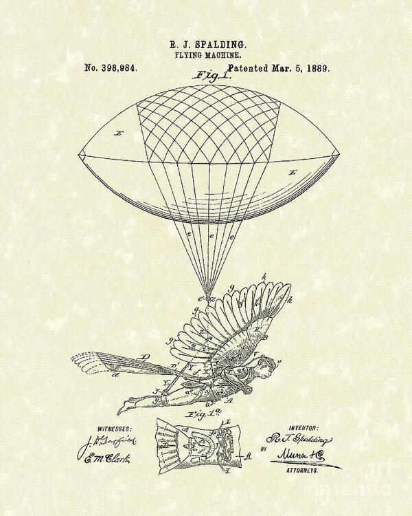 Flying Machine Poster featuring the drawing Flying Machine Spalding 1889 Patent Art by Prior Art Design