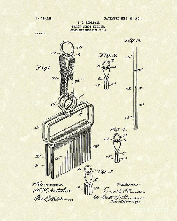 Riordan Poster featuring the drawing Razor Strop Holder 1903 Patent Art by Prior Art Design