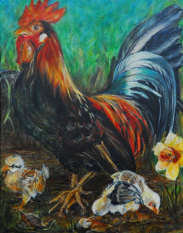 Rooster Poster featuring the painting Rooster and chicks II by Bonnie Peacher